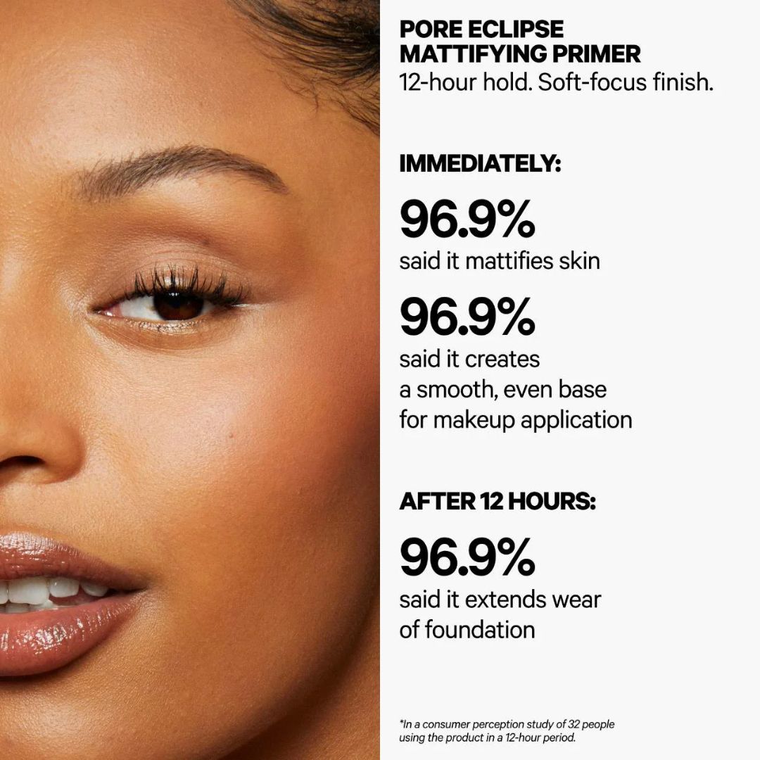 Side-by-side comparison showing skin before and after applying Milk Makeup Pore Eclipse Primer, highlighting reduced shine and blurred pores