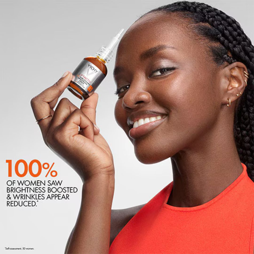 A drop of Vichy LiftActiv Vitamin C Serum on light skin, showcasing its lightweight, translucent, non-greasy texture