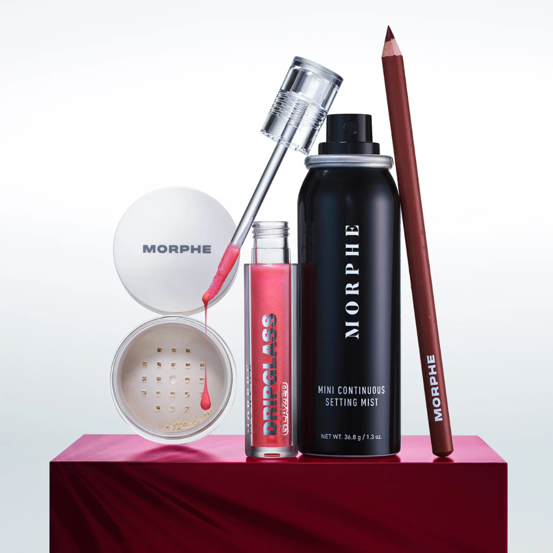 Morphe 4-Piece Unapologetic Makeup Set with Lip Pencil, High-Shine Gloss, Setting Mist and Powder