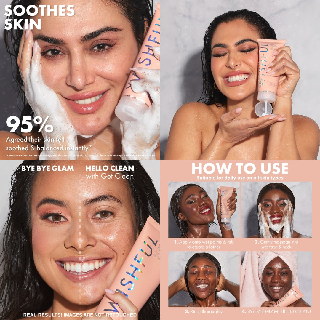 "WISHFUL Get Clean 2% PHA & Sea Moss Gentle Foaming Cleanser (10ml) with its compact packaging on a marble background."