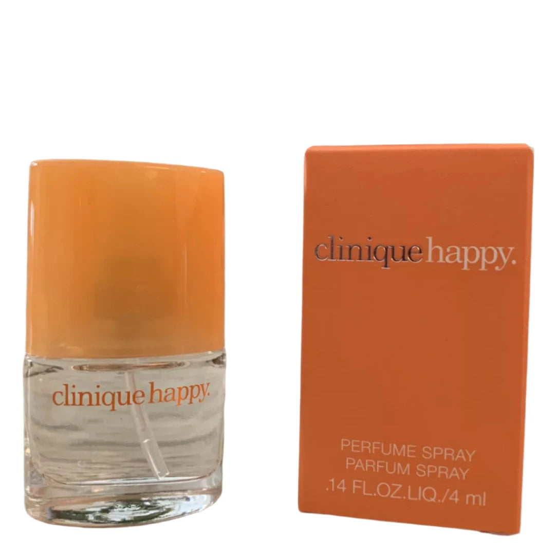 "Clinique Happy Eau de Parfum 4ml bottle with box. A vibrant citrus-floral fragrance, perfect for travel or gifting."