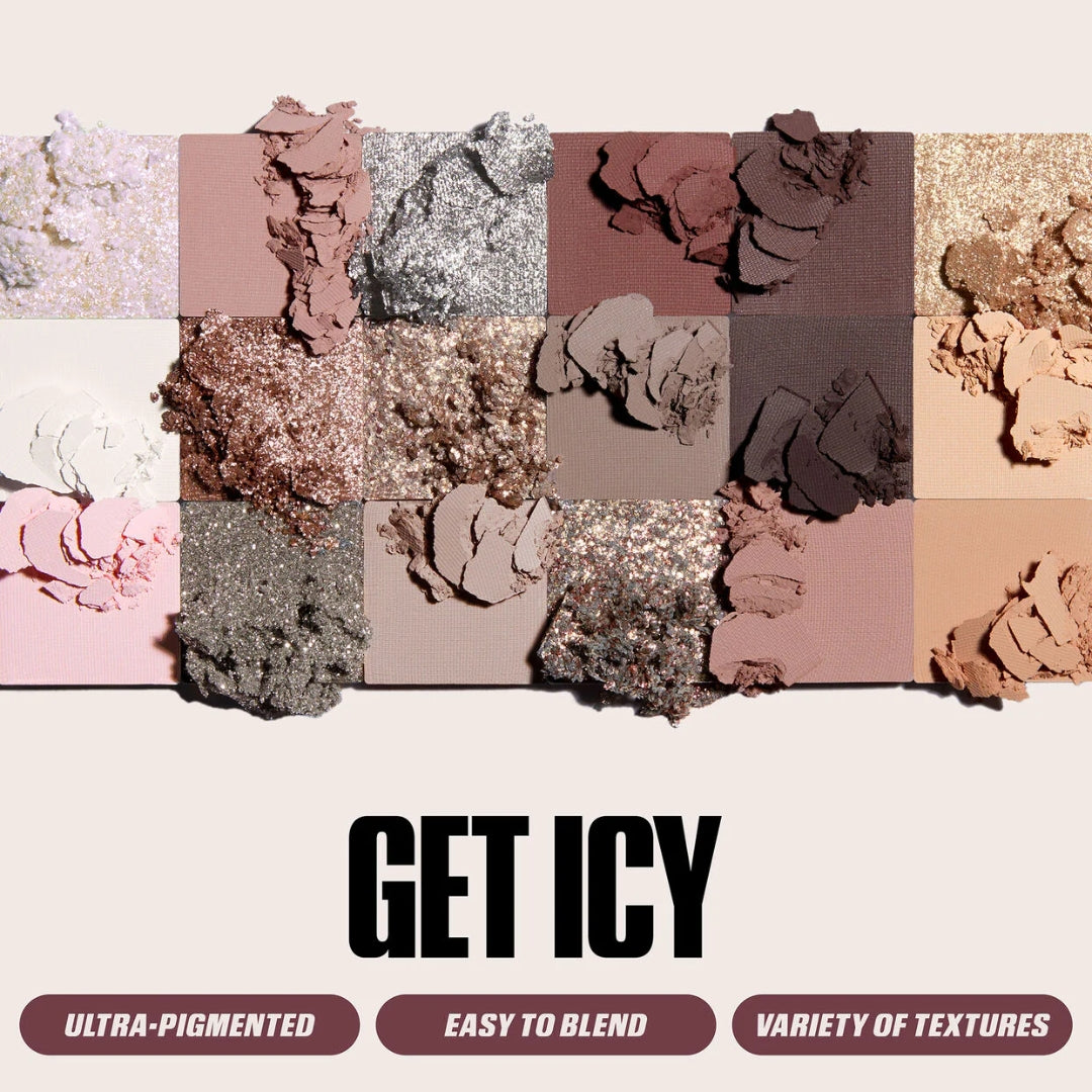 "Huda Beauty Icy Nude Eyeshadow Palette with 9 frosty neutral shades."