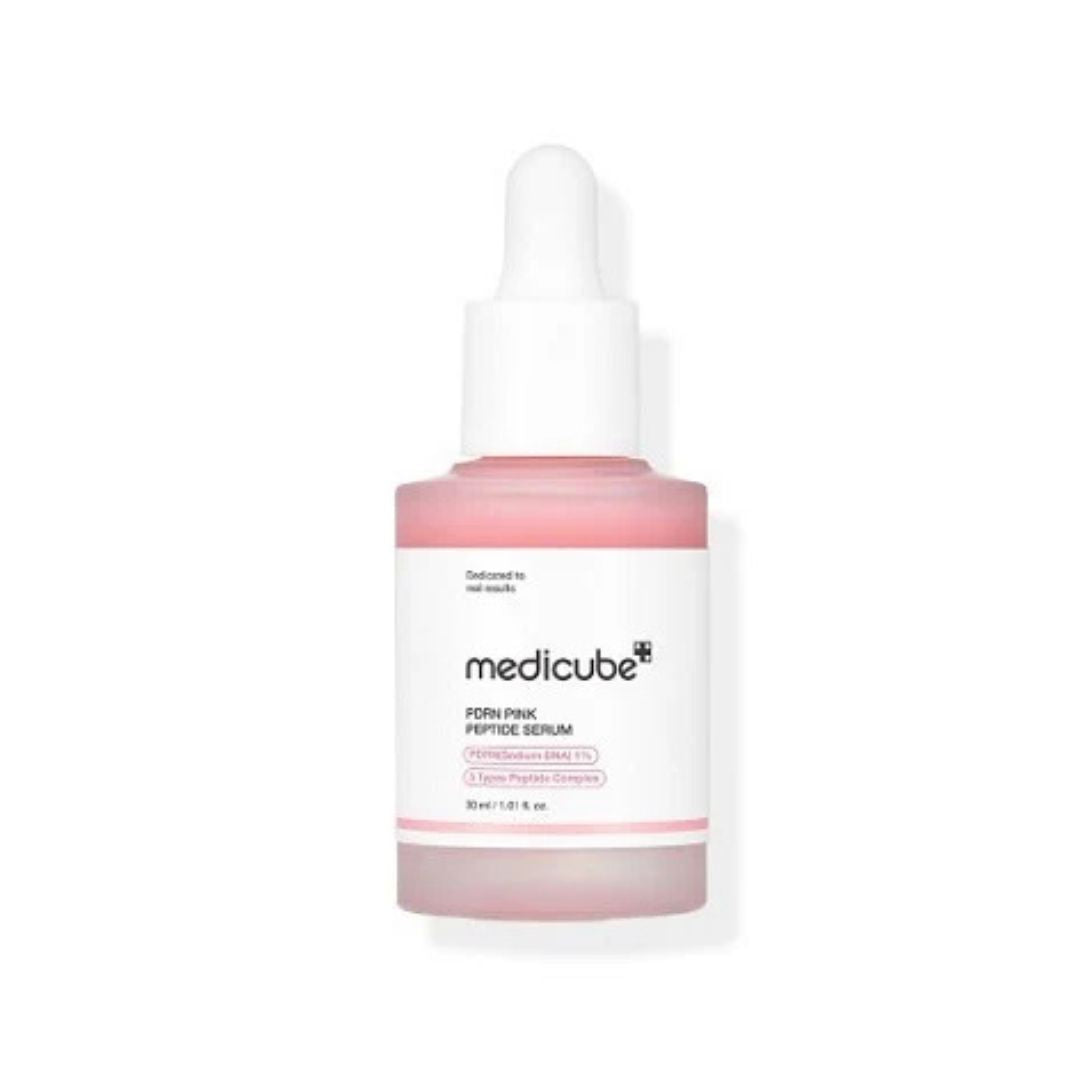 "Medicube PDRN Pink Peptide Serum 30ml in a sleek glass bottle with a white pump and pink label."