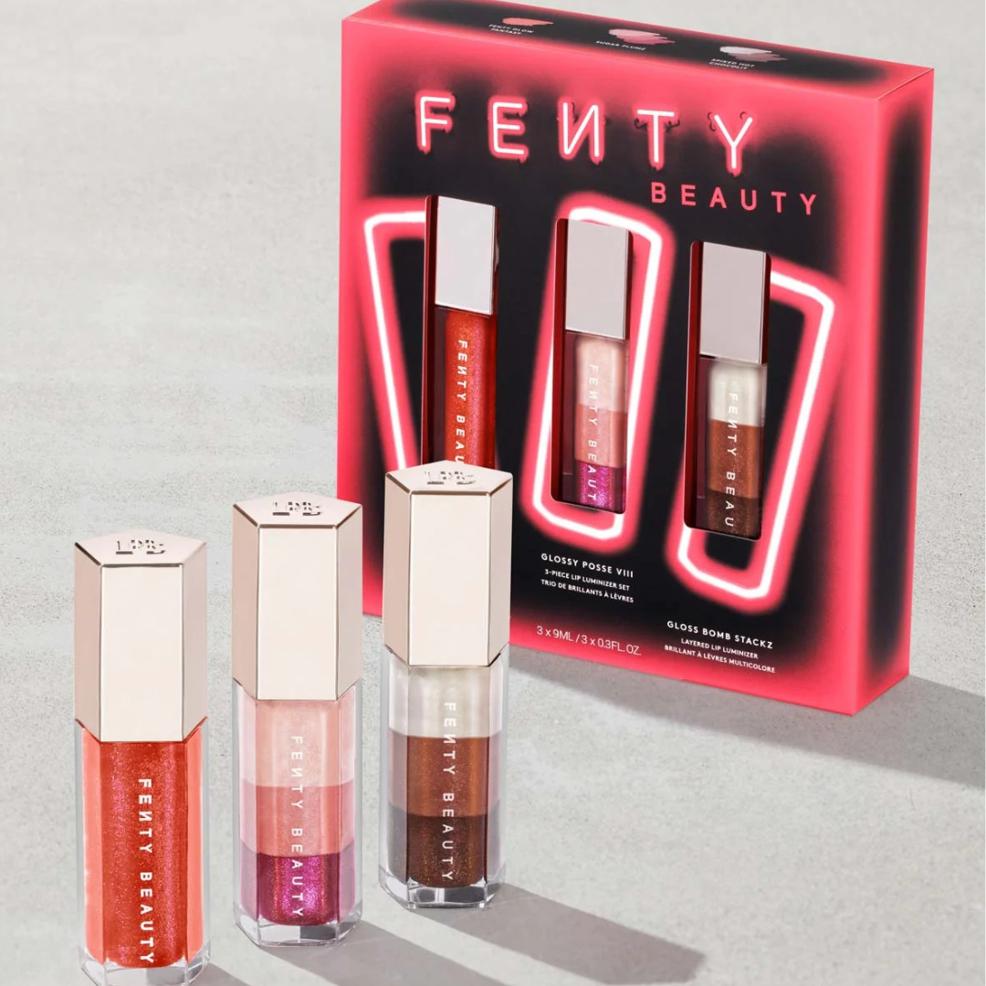 Fenty Beauty Glossy Posse VIII 3-piece lip luminizer set with high-shine glosses for hydrated lips