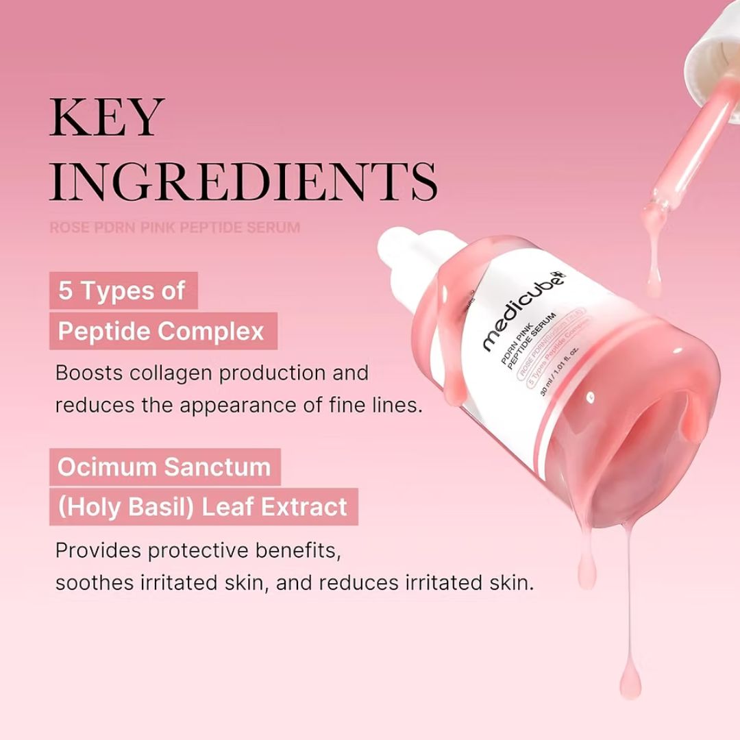 "Model gently applying Medicube PDRN Pink Peptide Serum to cheek, showing smooth absorption."

