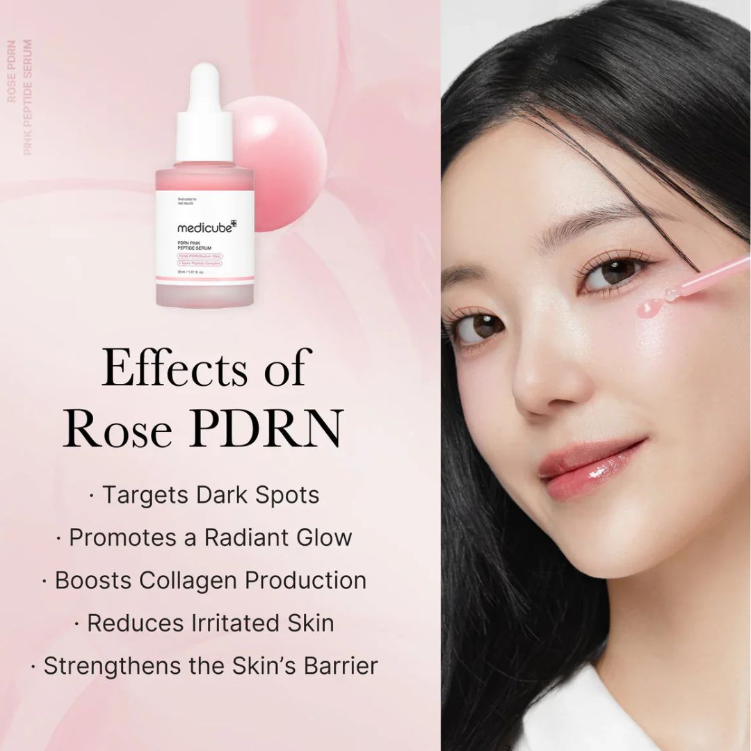 "Side-by-side comparison showing visible improvement in skin texture and brightness after using Medicube PDRN Pink Peptide Serum."

