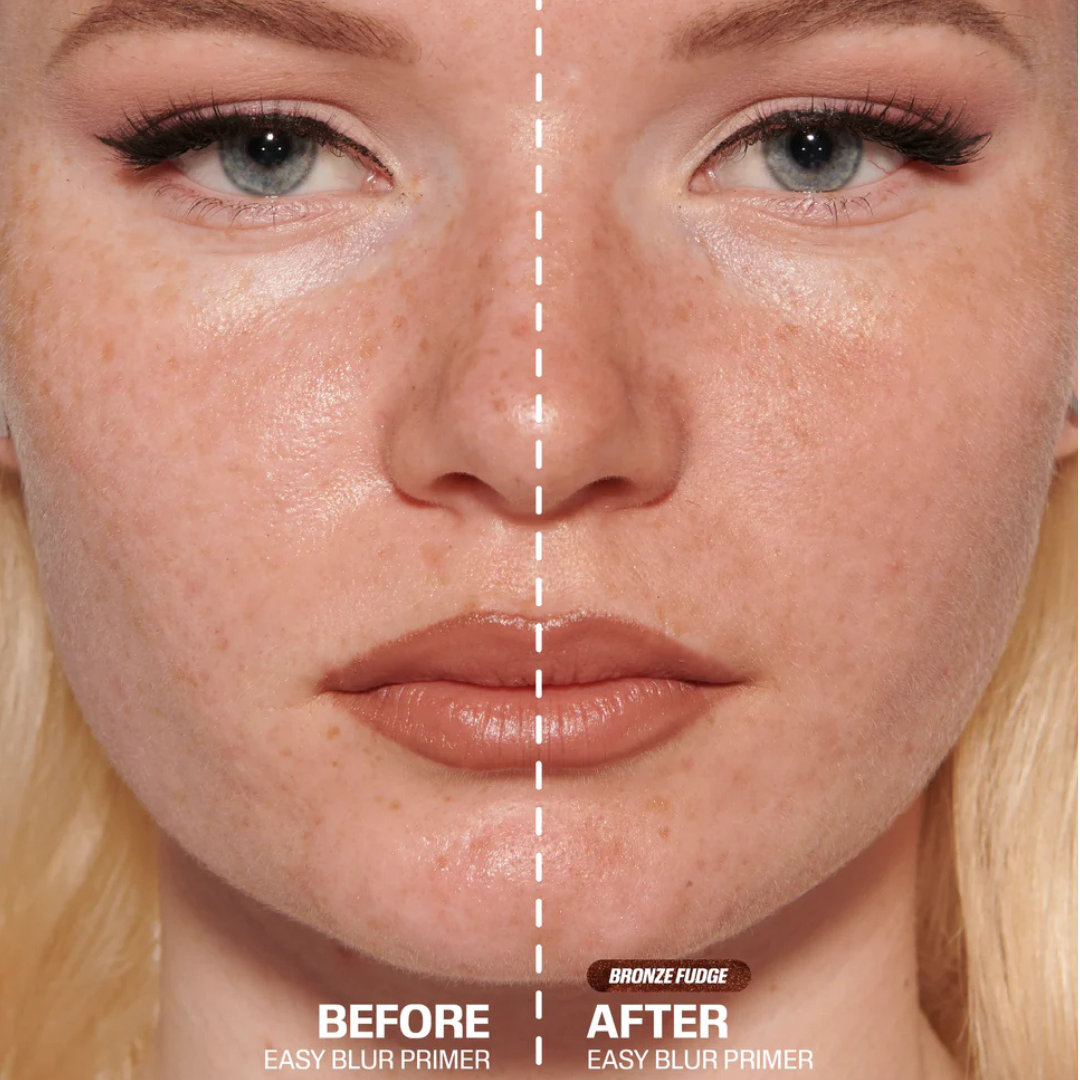 Close-up of Huda Beauty Bronze Fudge primer for smooth, radiant skin