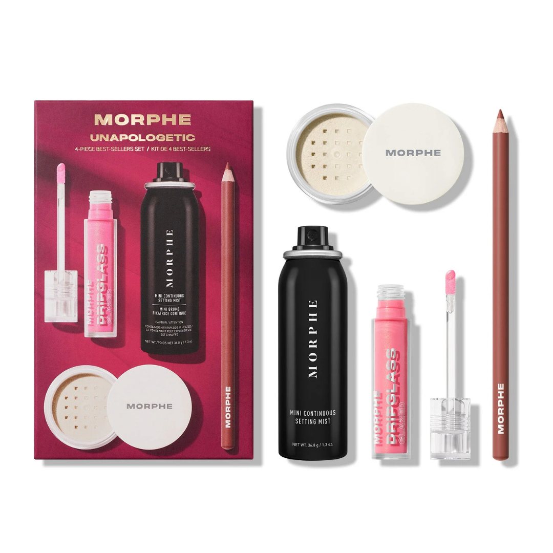 Morphe Unapologetic 4-Piece Best-Sellers Makeup Set with Setting Mist, Powder, Lip Pencil and Gloss