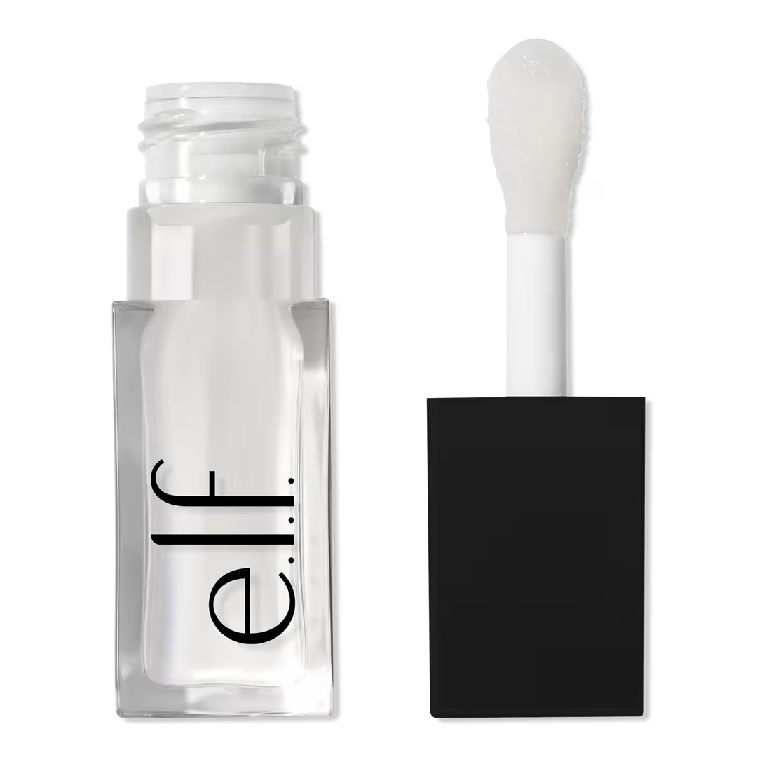 Opened e.l.f. Crystal Clear Lip Oil showing wide doe-foot applicator and glossy formula

