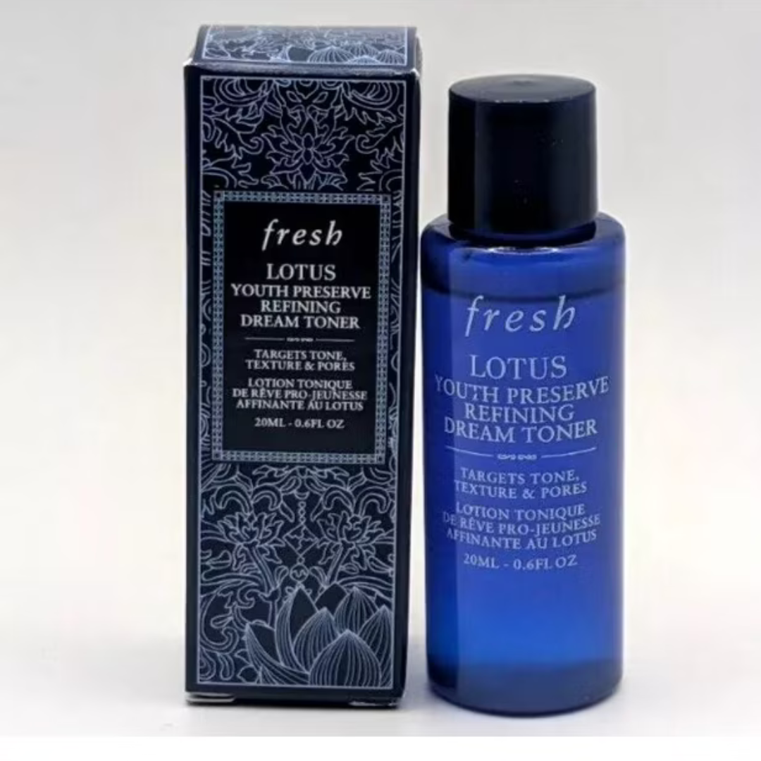 Fresh Lotus Youth Preserve Refining Dream Toner 20ml bottle with frosted blue packaging and silver cap

