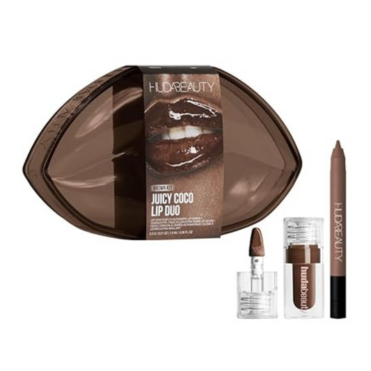 "Huda Beauty Brown Kit Juicy Coco Lip Duo with matte lipstick and gloss"

