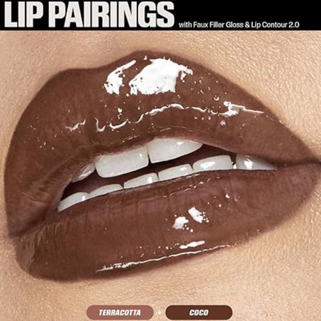"Model wearing Huda Beauty Brown Kit lipstick with gloss overlay"

