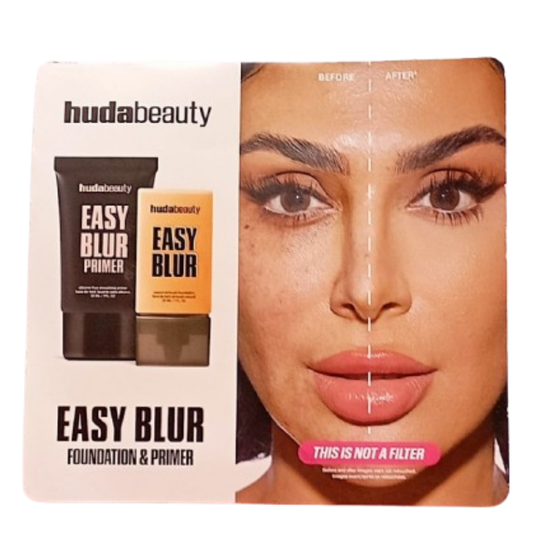 Sample card displaying Huda Beauty’s Easy Blur Primer in a soft pink tube and foundation sachet on a blush-toned background.