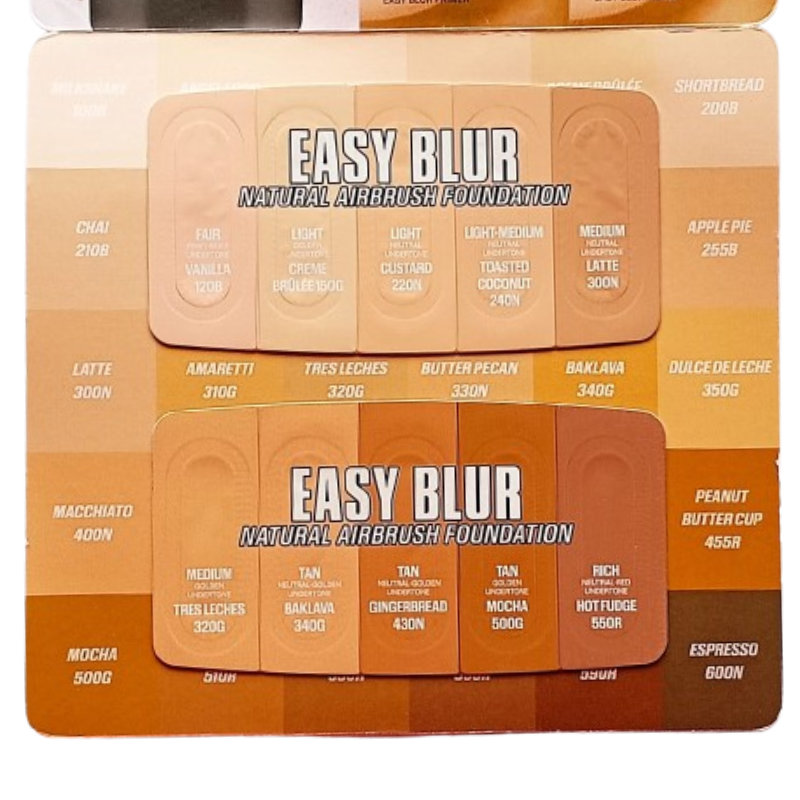 Blush-pink card showcasing Huda Beauty’s Easy Blur duo—primer and foundation samples mounted side by side.