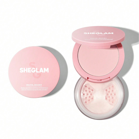 “Sheglam Insta-Ready Powder Duo in Bubblegum with two soft pink setting powders in a black compact on a white background.”