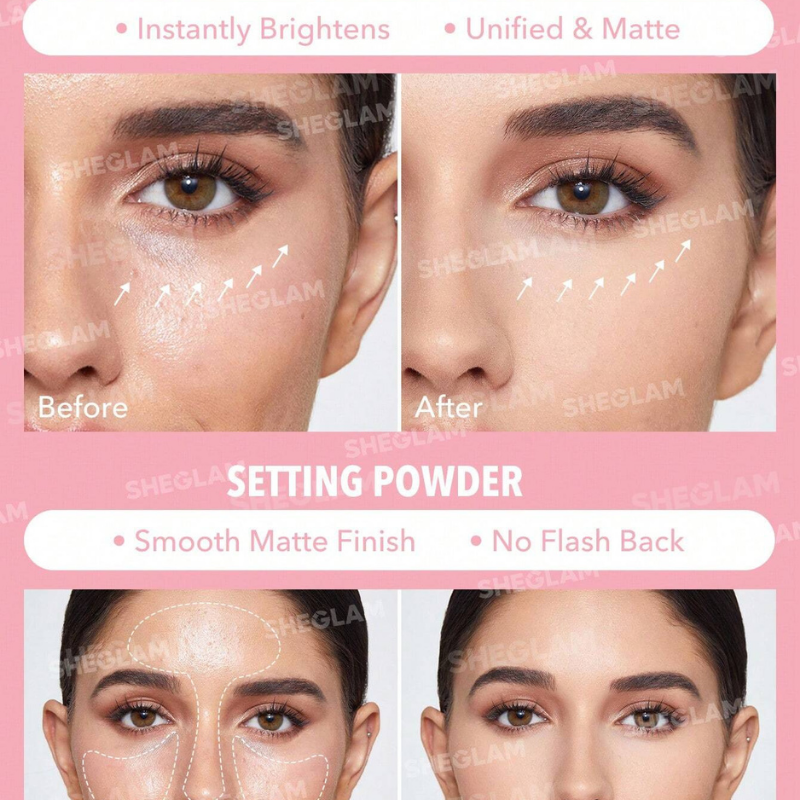 “Open Sheglam Bubblegum powder compact showing two shades: a light pink under-eye powder and a slightly deeper pink face powder.”
