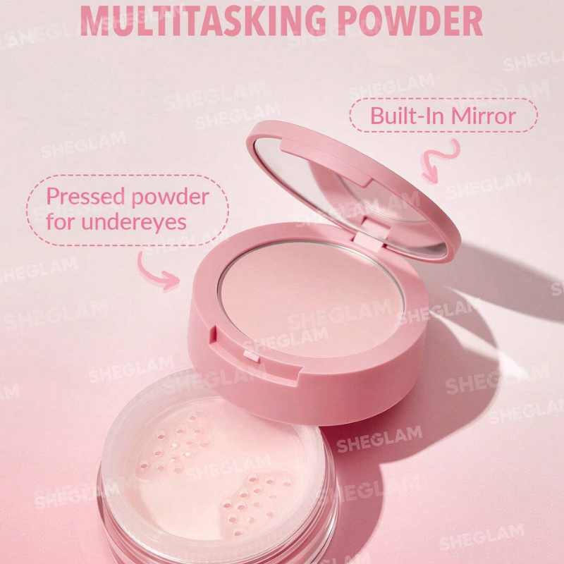 “Sheglam Insta-Ready Setting Powder Duo – Bubblegum edition, black square case with mirror and dual pink powders inside.”
