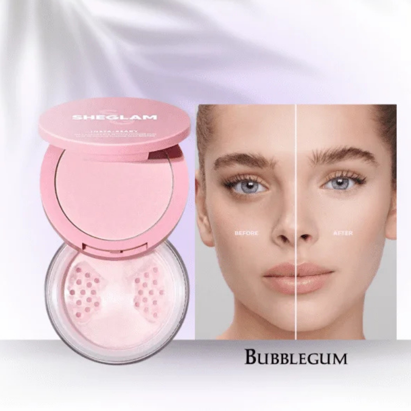 “Close-up of Sheglam Insta-Ready Bubblegum compact showing finely milled matte powders for face and under-eye.”