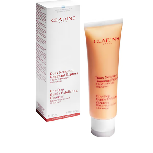 "Clarins Paris One-Step Gentle Exfoliating Cleanser 5ml travel size tube on white background"