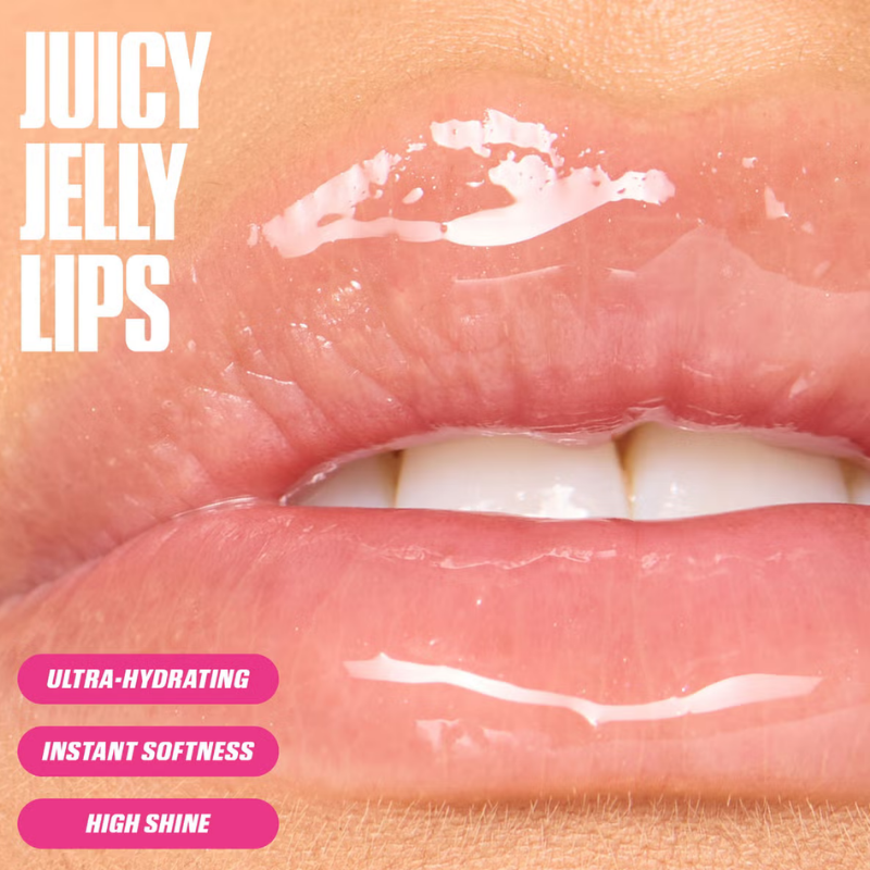 "Close-up of Huda Beauty Faux Filler Lip Oil applicator with jelly texture"

