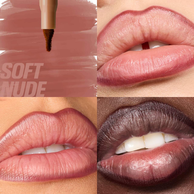"Featherlight lip stain for 12-hour wear – Huda Beauty packaging flat lay"

