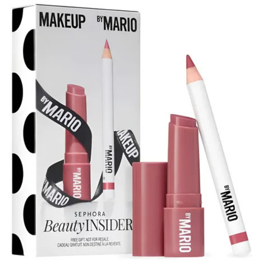 "MAKEUP BY MARIO Dream Lip Kit with Mini Lip Plumper in Rosewood Glow and Rich Mauve Suede Lip Pencil on white background"

