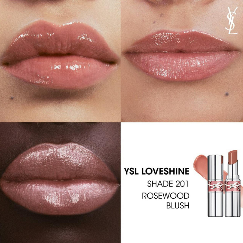 "YSL Loveshine Lipstick 201 Rosewood Blush with rosewood-colored bullet partially twisted up"

