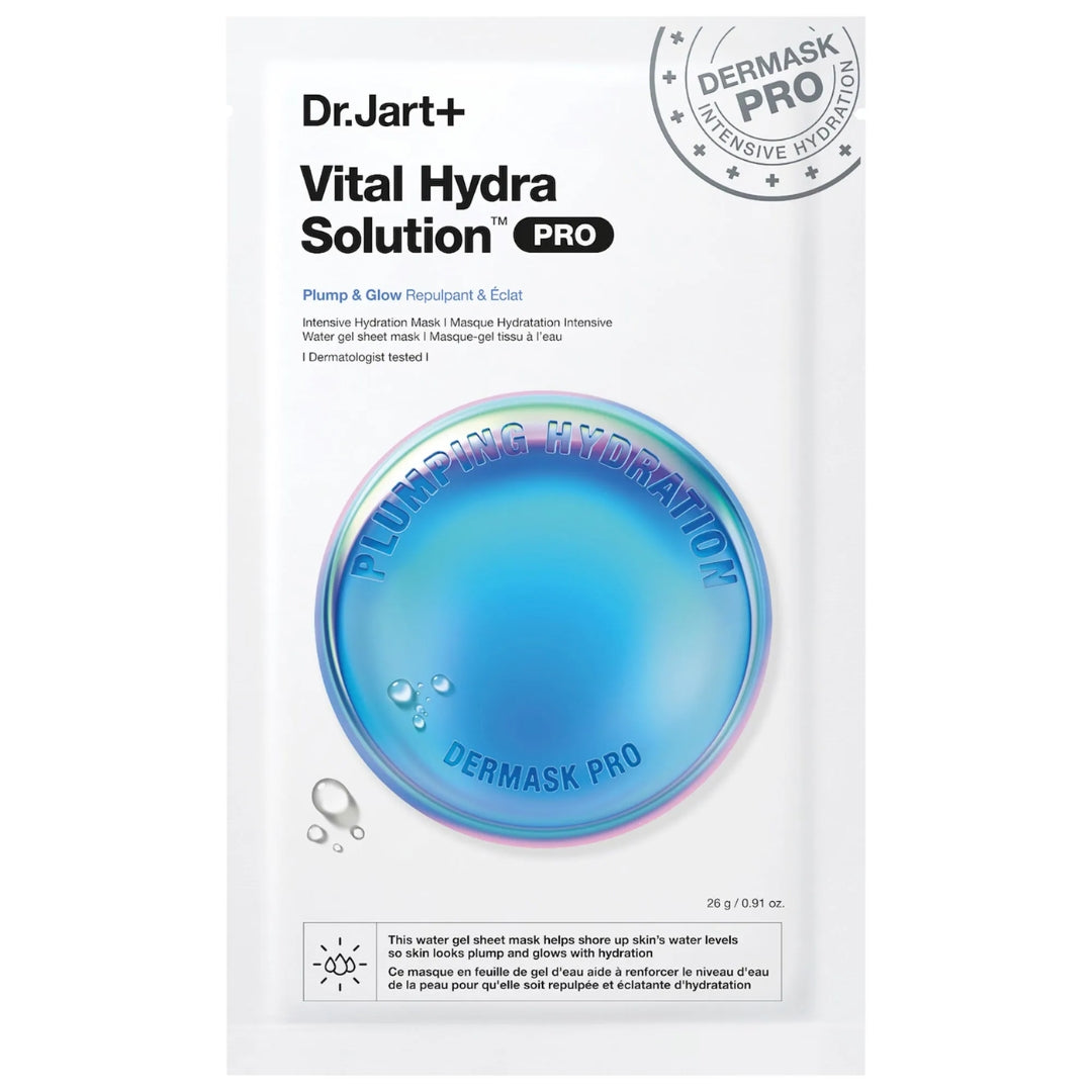 Hyaluronic acid sheet mask by Dr. Jart+ on blue background