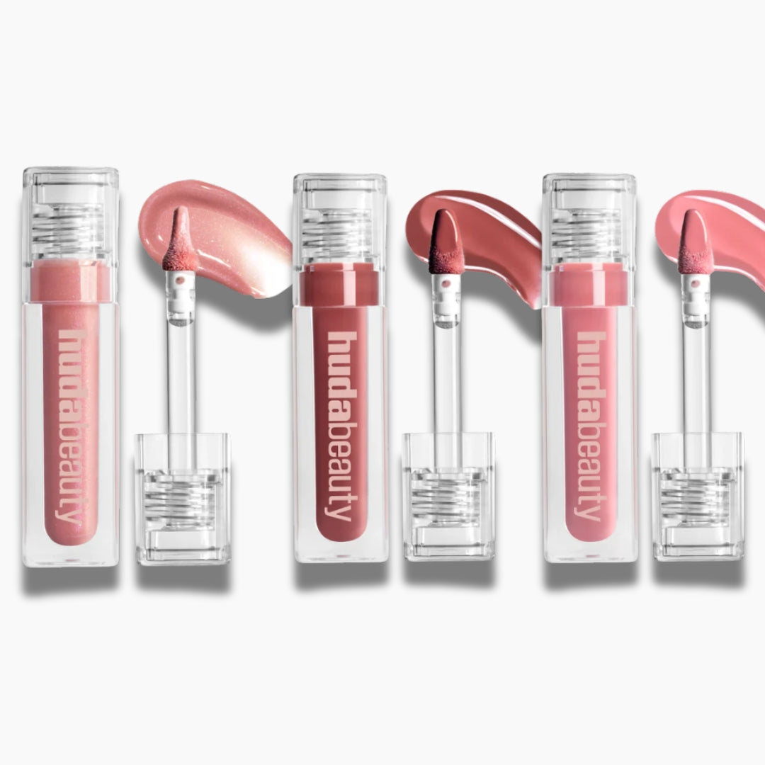 Huda Beauty lip gloss swatch on lips