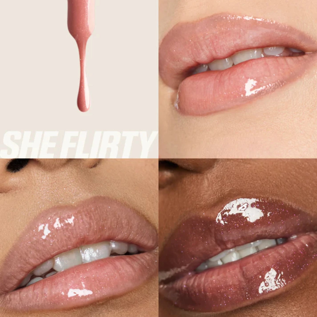 Huda Beauty lip gloss swatch on lips