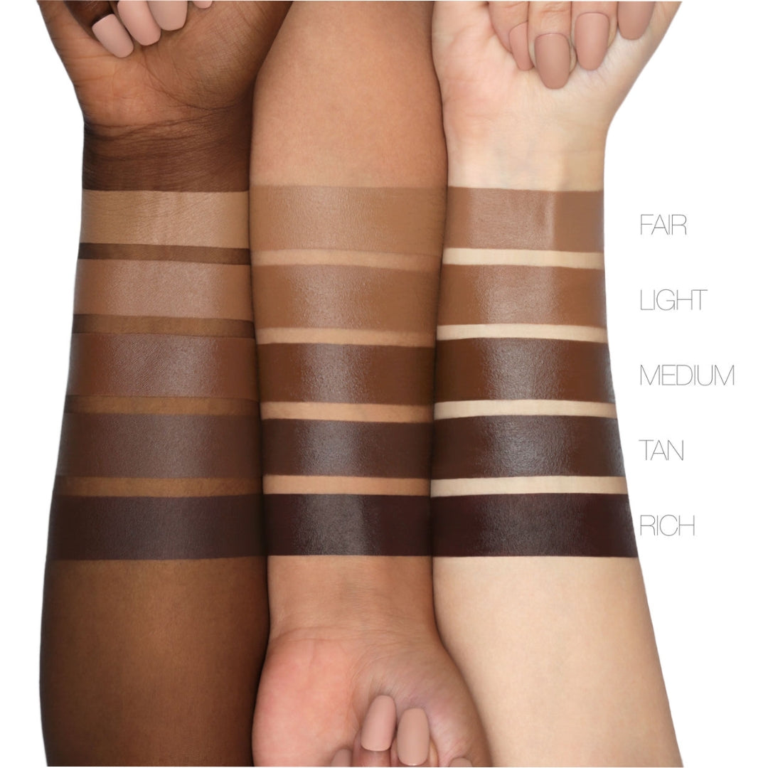 "Swatches of Huda Beauty Tantour Contour & Bronzer Cream shades on different skin tones."
