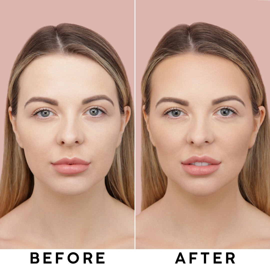 "Before and after contouring using Huda Beauty Tantour Cream-to-Powder formula."
