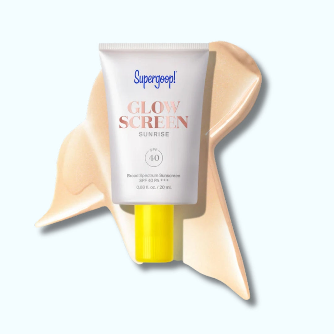 Flatlay of Supergoop! Glowscreen SPF 40 Travel Size 20 mL