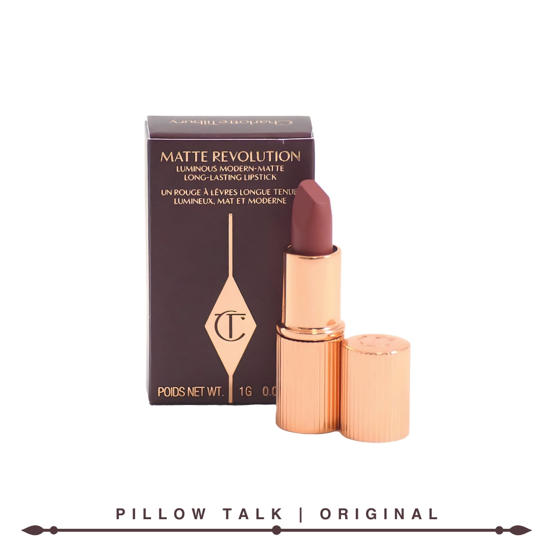 "Travel-friendly Charlotte Tilbury Pillow Talk Mini Lipstick paired with matching lip liner."

