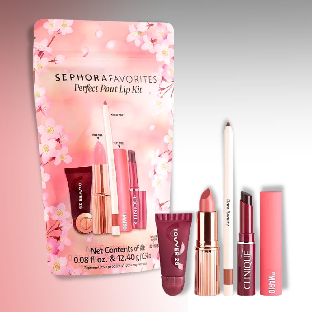 Close-up of Sephora Favorites Lip Kit deluxe mini lipsticks and balm